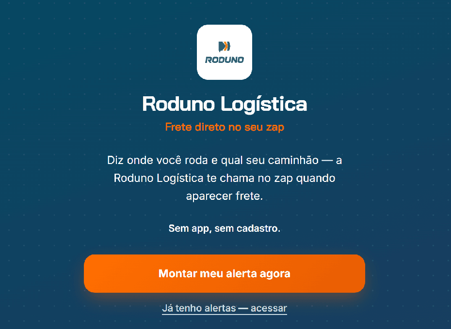 Página de alerta onde o motorista informa onde roda e qual é o caminhão